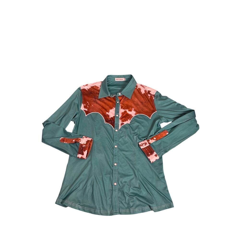Ranch Dress'n Rodeo Western Shirt Womens XL Teal Animal Print Pearl Snap Cowgirl